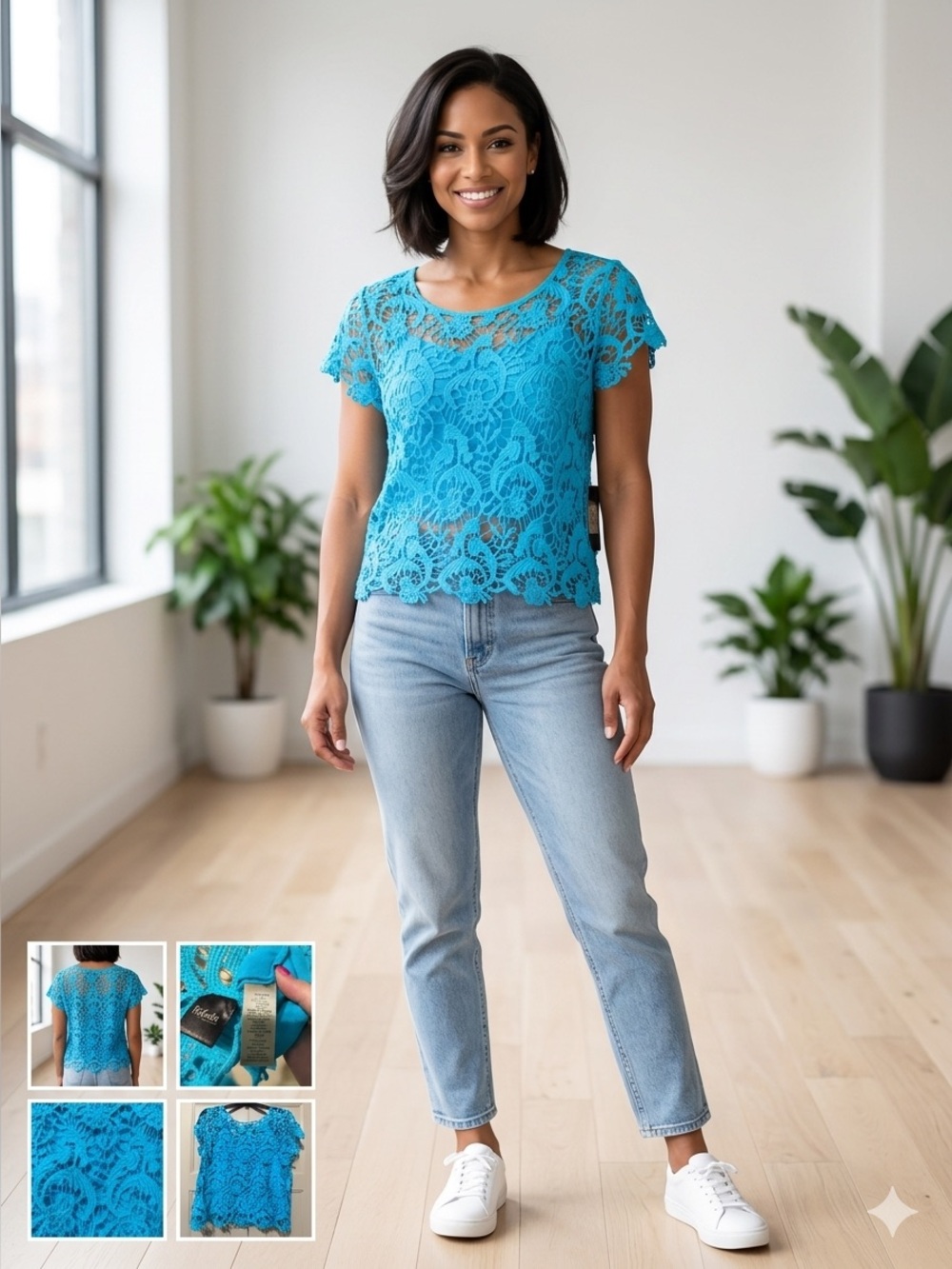 Rafaella Bright Turquoise Crochet Lace Short Sleeve Top